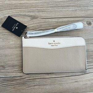 NEW Kate Spade Lucy Medium L-Zip Leather Wristlet In Color Block Light Sand NWT!